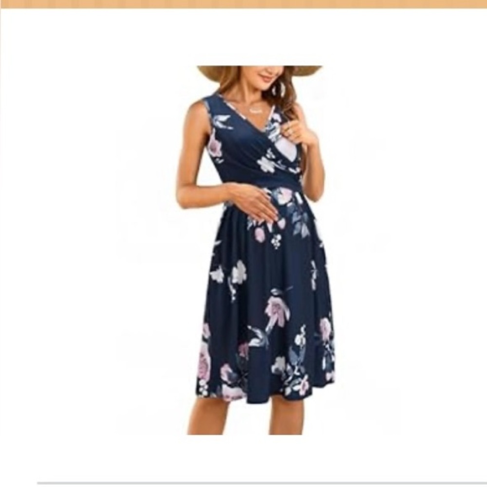 Women’s V-Neck Sleeveless Summer Floral Maternity and Nursing Dress-Large